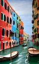 Beautiful shot of small gondolas in the river with buildings of Venice in the background