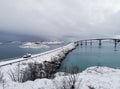 Beautiful shot of the snowy Sommaroy Bridge connecting the islands of Kvaloya and Sommaroy