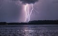 Beautiful shot of triple close lightning strikes with reflection on the lake
