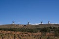 Beautiful shot of white windmills in the field under a blue sky Royalty Free Stock Photo