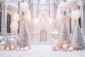 Beautiful showcase of store decorated for Christmas and New year. Festive shop window with elegant white and silver Royalty Free Stock Photo