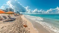 Beautiful sight of Atlantic Ocean\'s sandy beach featuring sun loungers and umbrellas set