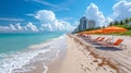 Beautiful sight of Atlantic Ocean\'s sandy beach featuring sun loungers and umbrellas set