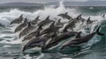 The beautiful sight of a pod of dolphins leaping and playing in the waves communicating language created with Generative AI Royalty Free Stock Photo