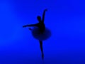 Beautiful silhouette of ballerina on blue background dancing ballet.Dancer, tutu Royalty Free Stock Photo