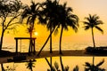 Beautiful Silhouette coconut palm tree on sky around swimming pool in hotel resort neary sea ocean beach at sunset or sunrise time Royalty Free Stock Photo