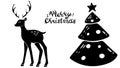 Beautiful silhouette deer, christmas tree. Side view. hand drawn picture sketchy. Merry Chistmas.