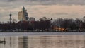 Beautiful silhouette of evening Hanover and huge artificial lake Maschsee. 4K time lapse.