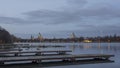 Beautiful silhouette of evening Hanover and huge artificial lake Maschsee. 4K time lapse.