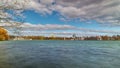 Beautiful silhouette of evening Hanover and huge artificial lake Maschsee. Germany. 4K time lapse.