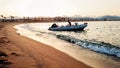 Beautiful silhouette of inflatable motor boat waving on the calm sea waves aginst sunset sky Royalty Free Stock Photo