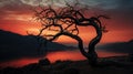 A beautiful silhouette of a lone tree with a sunset behind it Royalty Free Stock Photo