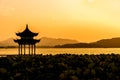 The beautiful of silhouette sunset landscape scenery of Xihu West Lake and pavilion in Hangzhou CHINA