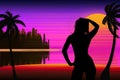 Silhouette of a young seductive woman on the background of the beach, palm trees and sunset