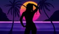 Silhouette of a young seductive woman on the background of the beach, palm trees and sunset