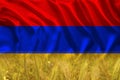 beautiful silk background, national flag of Armenia, golden ripe ears of wheat, concept of rich harvest of bread, grain import,