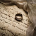 Beautiful silver wedding ring sits atop a vintage-looking letter, AI-generated.