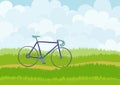 Beautiful simple cartoon meadow with blue racing bike on sky background.