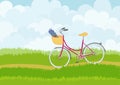 Beautiful simple cartoon meadow with pink city bike on sky background.