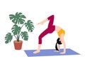 Beautiful simple flat vector of a young slim woman exercising yoga. Bridge pose