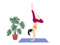 Beautiful simple flat vector of a young slim woman exercising yoga. Handstand pose