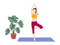 Beautiful simple flat vector of a young slim woman exercising yoga. Tree pose Royalty Free Stock Photo