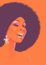 Beautiful singer woman with afro style curly hair, acid colors. Psychedelic makeup. Poster music soul, funk or disco style 60s or