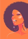 Beautiful singer woman with afro style curly hair, acid colors. Psychedelic makeup. Poster music soul, funk or disco style 60s or