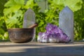 Beautiful Singing Bowl and Crystals Close Up