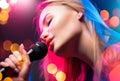 Beautiful Singing Girl. Beauty Glamour fashion Woman with Microphone over Blinking bokeh night background