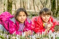 Beautiful sisters laying in the bells flowers in the forest