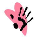 Vector Illustration Of A Silhouette Of A Black Open Palm Print On Top Of A Pink Heart On A White Background. An Isolated