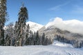 Beautiful ski resort; Panorama of ski resort, slope the piste among white snow pine trees
