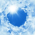 Beautiful sky with cloud and sunshine. Religion concept heavenly sky background. Divine shining heaven, light. Sunny day. Peaceful Royalty Free Stock Photo