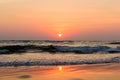 Beautiful sky colorful sunset on the ocean, natural landscapes. Deserted beach, the sun sets in the clouds above the sea