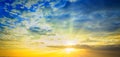 Beautiful sky and dark clouds, Gorgeous panorama scenic of the sunrise with silver lining and cloudy on the orange and blue sky Royalty Free Stock Photo