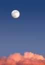 Beautiful sky landscape with white full moon high on clear blue gradient sky above red clouds on sunset Royalty Free Stock Photo