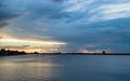 Serenity on the sea. Dusk to dawn over the calm waters of Sarasota Bay in Florida. Lake, water, river scene at popular travel dest Royalty Free Stock Photo