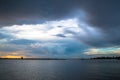 Serenity on the sea. Dusk to dawn, sunrise to sunset, over the calm waters of Sarasota Bay in Florida. Lake, water, river scene at Royalty Free Stock Photo