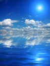 Beautiful sky with solar beams in reflection. Royalty Free Stock Photo