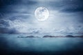 Beautiful sky with super moon over seascape. Serenity nature background