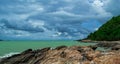 Beautiful skyclouds over the seabeach and big stone on beach at Khao Lam Ya, Rayong province Eastern of Thailand.