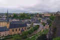 Beautiful skyline of old town Luxembourg City from top view in Luxembourg. Abbaye St. John Neimenster near Alzette River Royalty Free Stock Photo