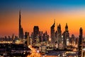 A beautiful Skyline view of Dubai, UAE as seen from Dubai Frame at sunset Royalty Free Stock Photo