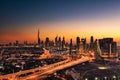 A beautiful Skyline view of Dubai, UAE as seen from Dubai Frame at sunset