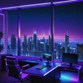 a beautiful skyline view at night from retro futuristic home office with multiple computer home