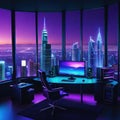 a beautiful skyline view at night from retro futuristic home office with multiple computer home