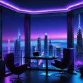 a beautiful skyline view at night from retro futuristic home office with multiple computer home