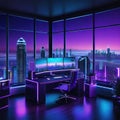 a beautiful skyline view at night from retro futuristic home office with multiple computer home