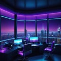 a beautiful skyline view at night from retro futuristic home office with multiple computer home